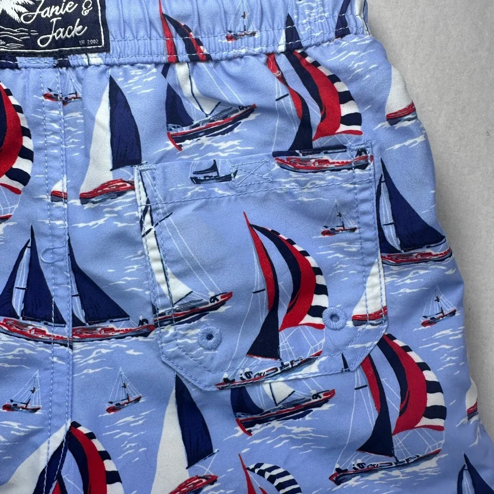 Janie and Jack Boys Sailboat Print Swim Trunks Blue Nautical Shorts Size 4 NWOT